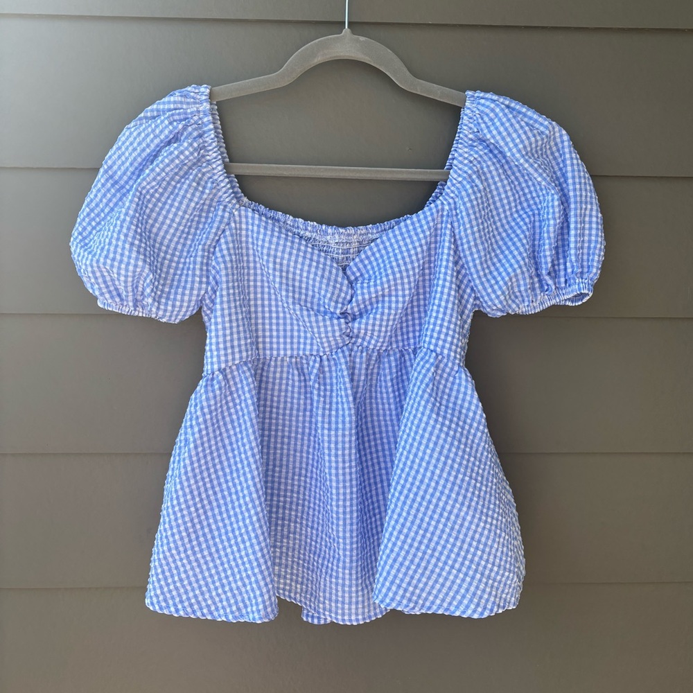 NWOT Seersucker Blue and White Gingham Puff Sleeve Peplum Blouse | XS